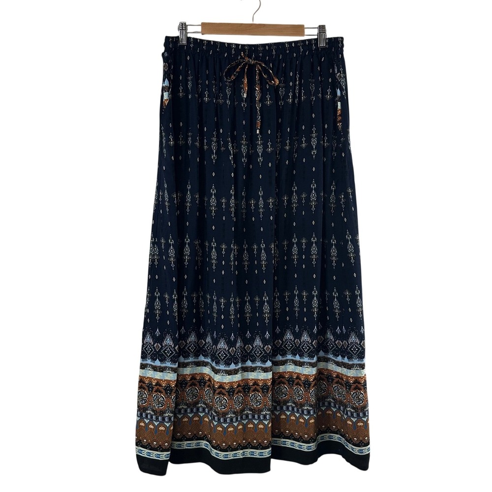 Zeagoo Womens XXL Navy Blue Boho Medallion Elastic Waist Maxi Skirt Pockets‎